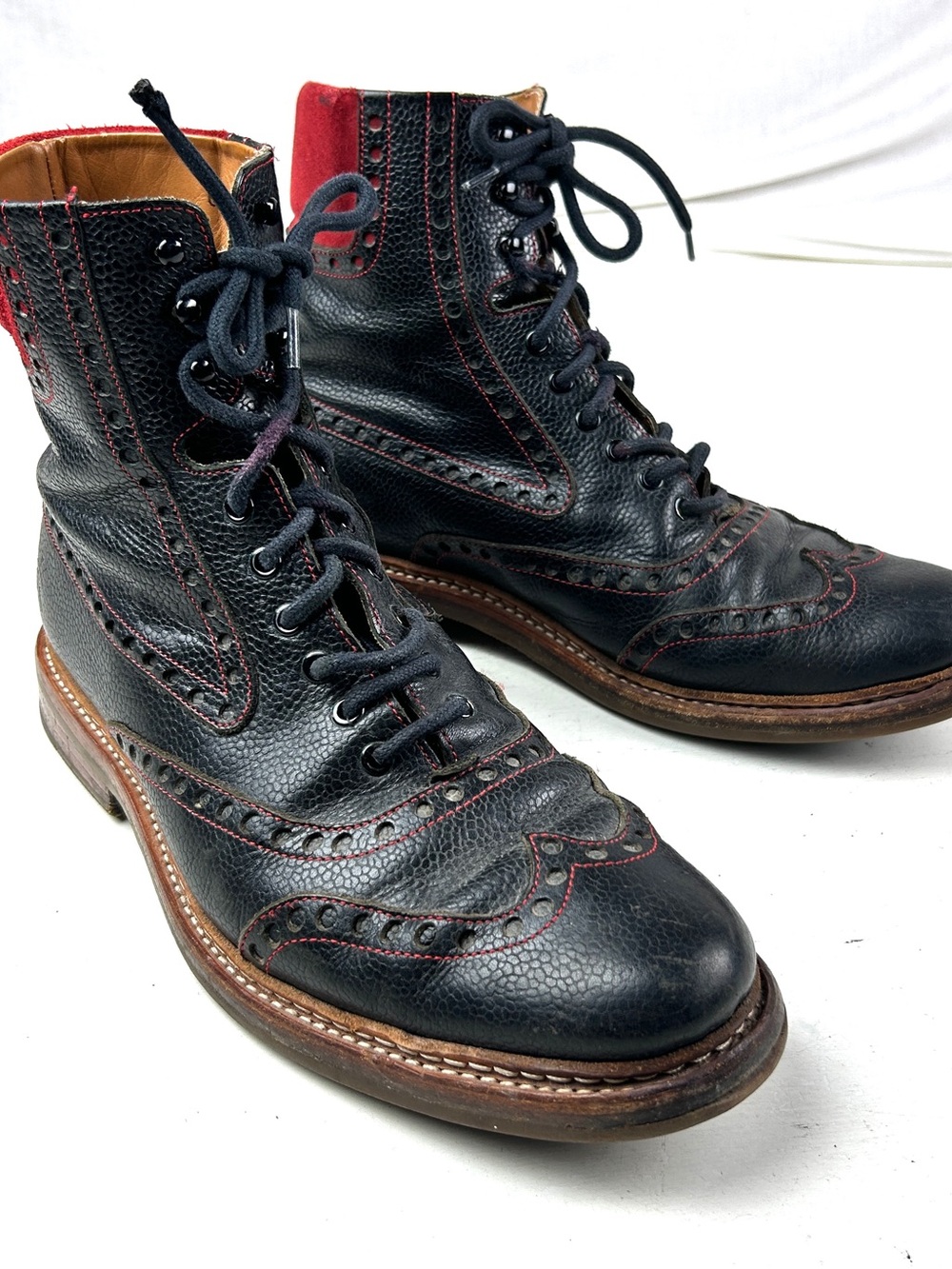 John Fluevog Black Pebbled Leather Brogue Ankle Boots Men's Size 10.5 Lace Up
